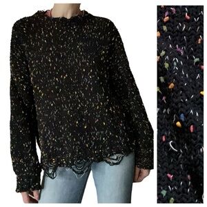 Kyemi Black Confetti Distressed Soft Comfy Knit Sweater Oversized Medium